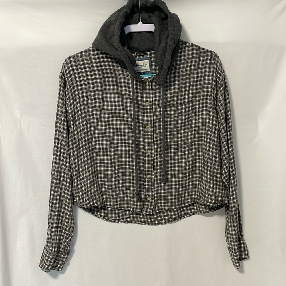 EUC American Eagle button down hoodie with distressed elbows